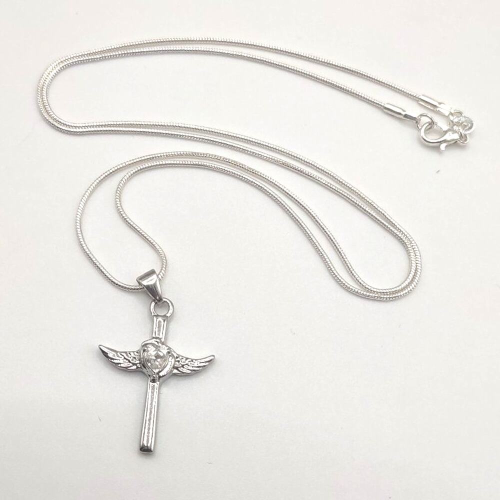 925 Sterling Silver Necklace Cross Angel Wings Zircon Valentine's Birthday NEW